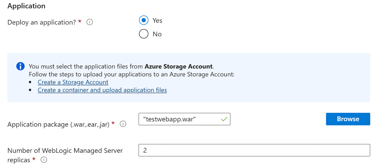 Captura de pantalla de Azure Portal que muestra el panel Oracle WebLogic Server en AKS - Selección de aplicación.