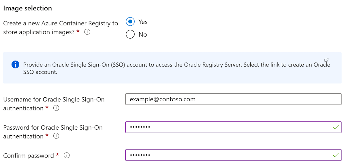 Captura de pantalla de Azure Portal que muestra el panel Oracle WebLogic Server en AKS - Selección de imagen.