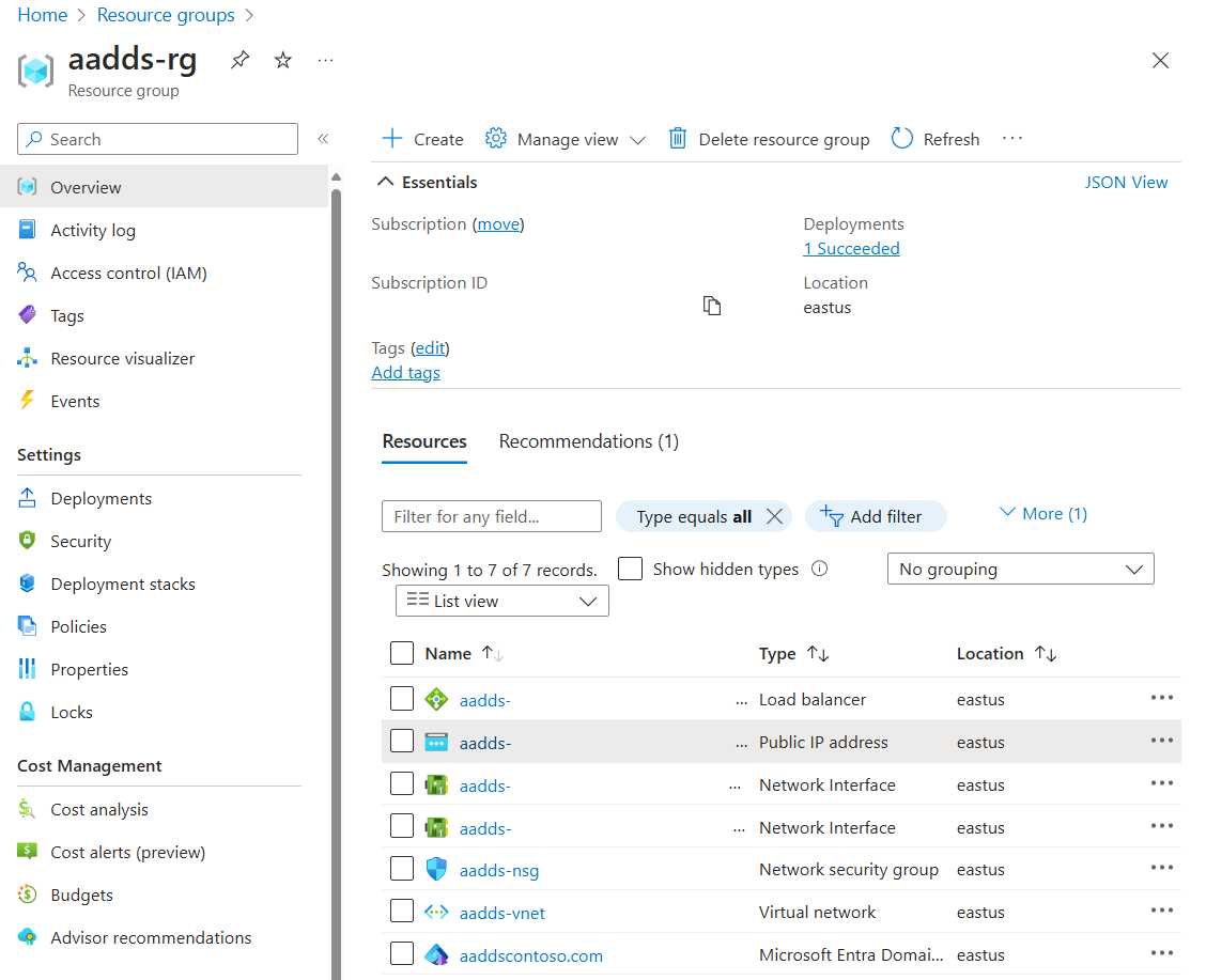 Captura de pantalla de Azure Portal que muestra la página Grupo de recursos con la dirección IP pública resaltada.