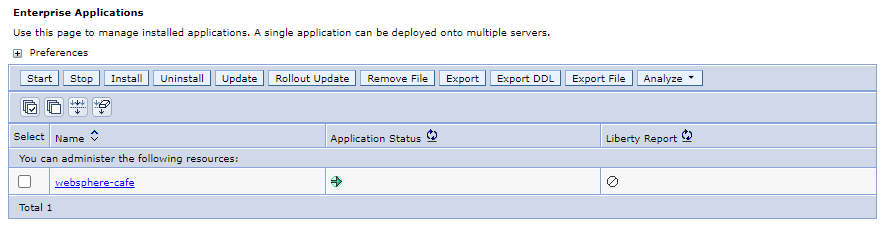 Captura de pantalla de la consola de Dmgr WebSphere Integrated Solutions que muestra la página Aplicaciones empresariales.