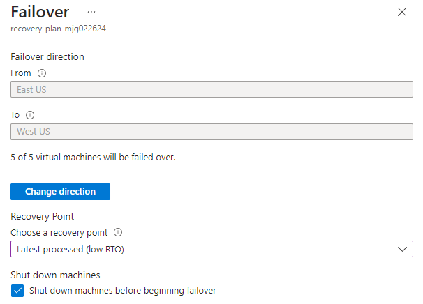Captura de pantalla de Azure Portal que muestra el panel Conmutación por error.