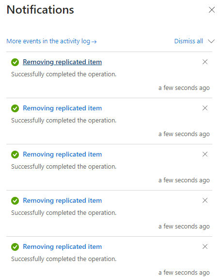 Captura de pantalla del panel Notificaciones de Azure Portal que muestra el mensaje completado para quitar elementos replicados.