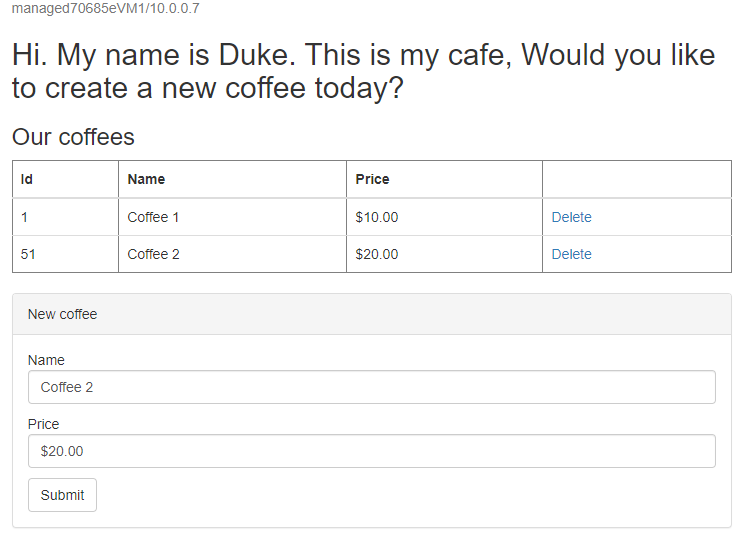 Captura de pantalla de la interfaz de usuario de la aplicación de ejemplo con el segundo café.