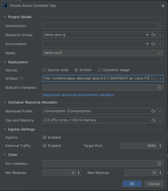 Captura de pantalla de Intelli J que muestra el cuadro de diálogo Crear aplicación contenedora de Azure.