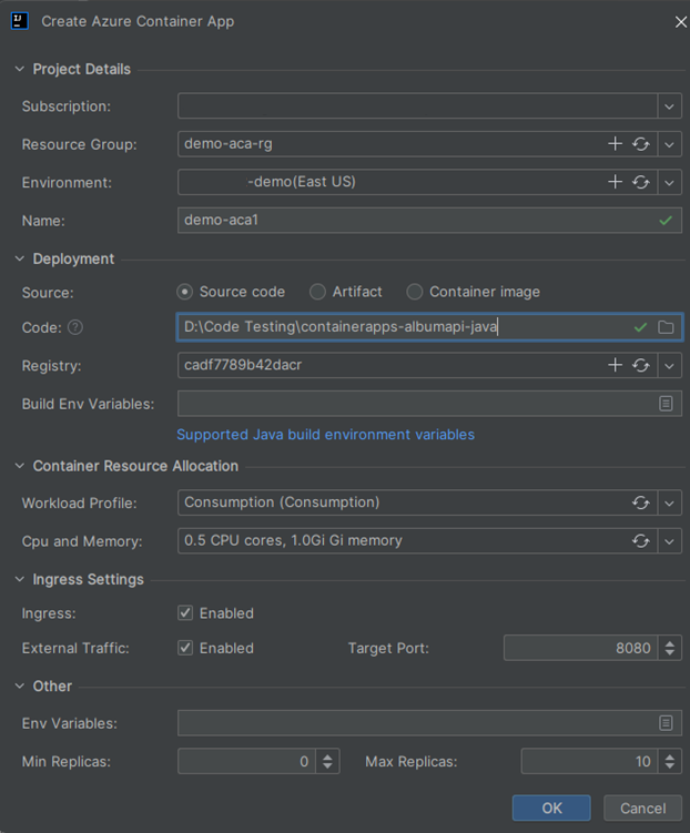 Captura de pantalla de Intelli J que muestra el cuadro de diálogo Crear aplicación contenedora de Azure.