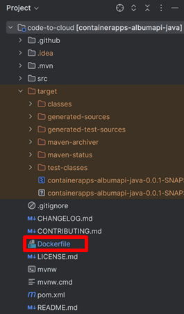 Captura de pantalla de Intelli J que muestra el Explorador de proyectos con el nodo Dockerfile resaltado.