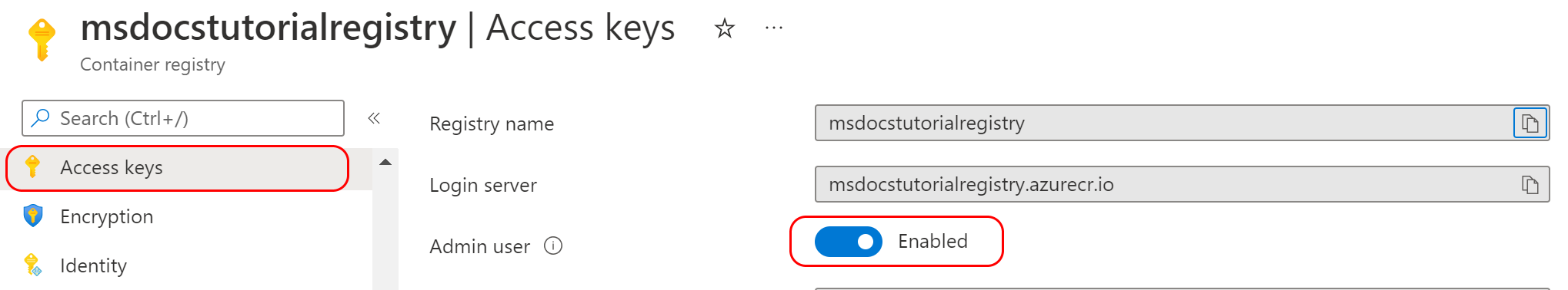 Captura de pantalla que muestra cómo habilitar el usuario administrador para el registro en Azure Portal.