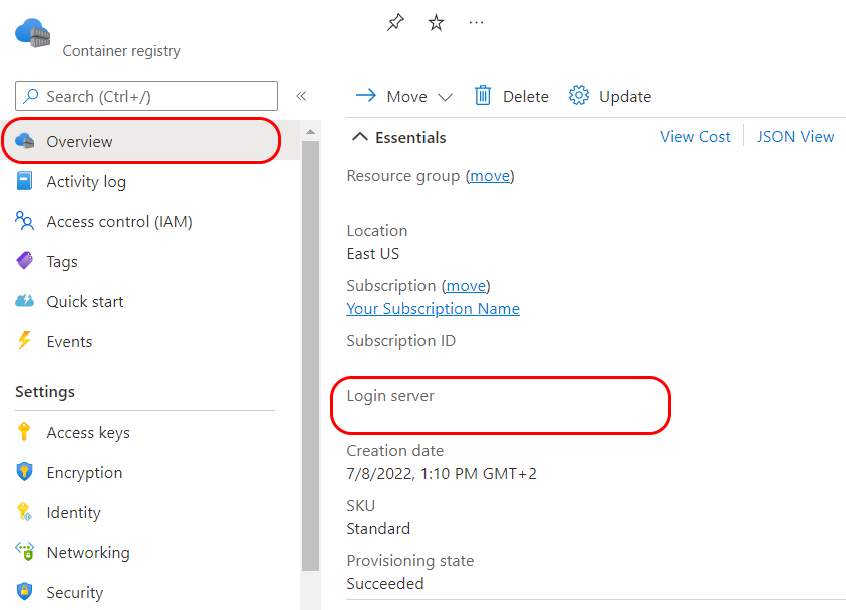 Captura de pantalla que muestra cómo buscar el valor del servidor de inicio de sesión para el registro en Azure Portal.