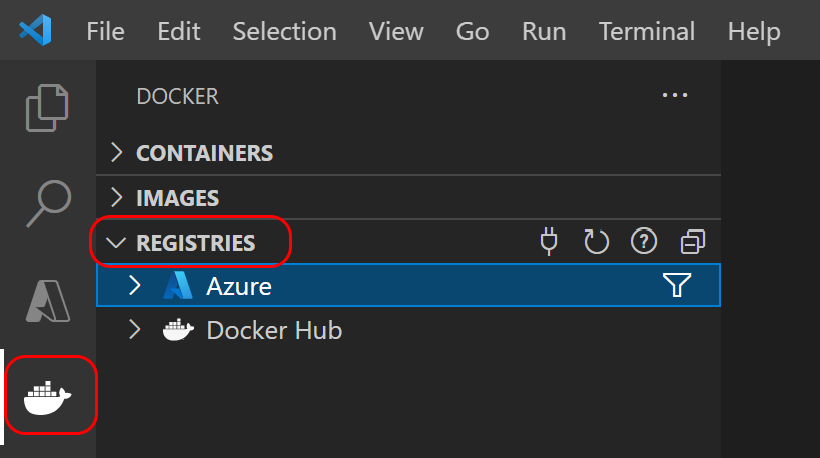 captura de pantalla que muestra cómo comprobar que Azure ha iniciado sesión en la extensión de Docker en Visual Studio Code.