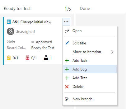 Captura de pantalla que muestra cómo agregar un error desde el panel Kanban, agregar un error secundario al elemento de trabajo pendiente.