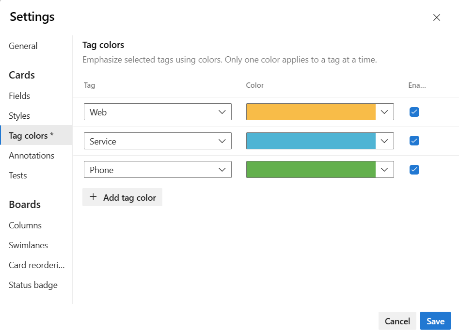 Captura de pantalla que muestra la configuración, el cuadro de diálogo Colores de etiqueta (Kanban).