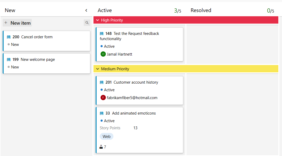 Captura de pantalla que muestra los carriles prioritarios en el panel Kanban.