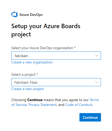 La captura de pantalla muestra la página Configurar tu proyecto de Azure Boards, donde selecciona una organización y un proyecto.