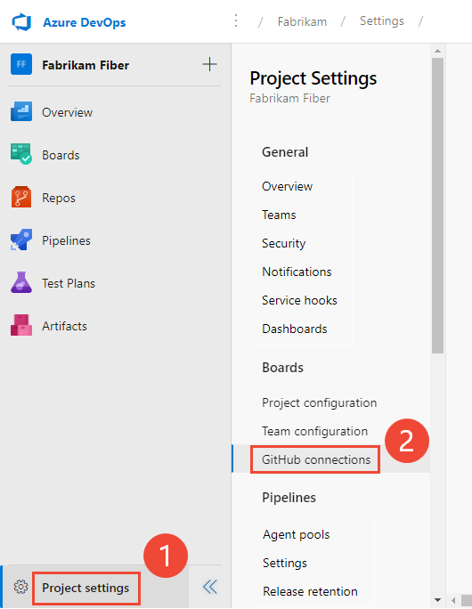 Captura de pantalla de la configuración del proyecto abierta, conexiones de GitHub.