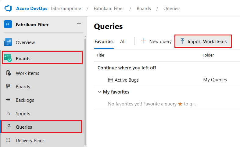 Screenshot showing Boards - Queries, Import Work Items 