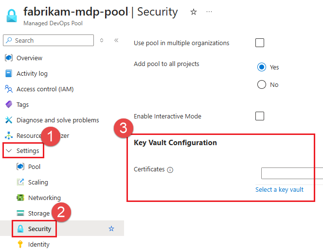 Captura de pantalla que muestra la configuración de integración de Azure Key Vault.