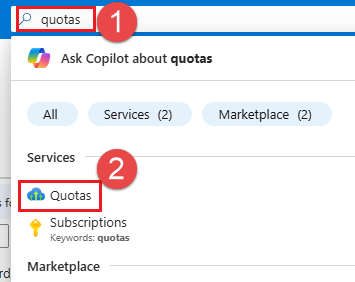 Captura de pantalla de la búsqueda de Azure Portal para cuotas.