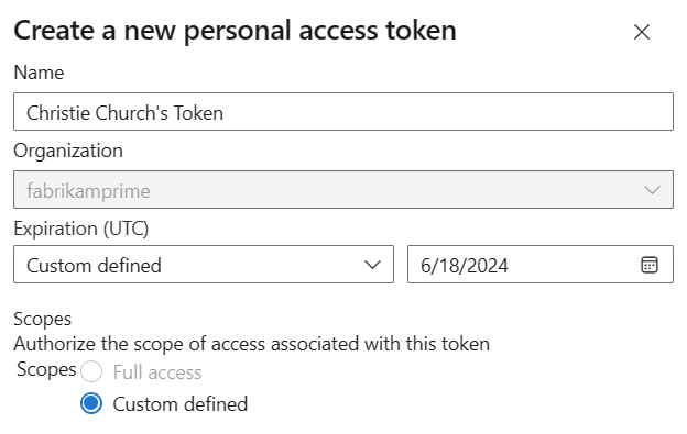 Captura de pantalla que muestra el cuadro de diálogo Crear un nuevo token de acceso personal con los campos nombre, organización y expiración.
