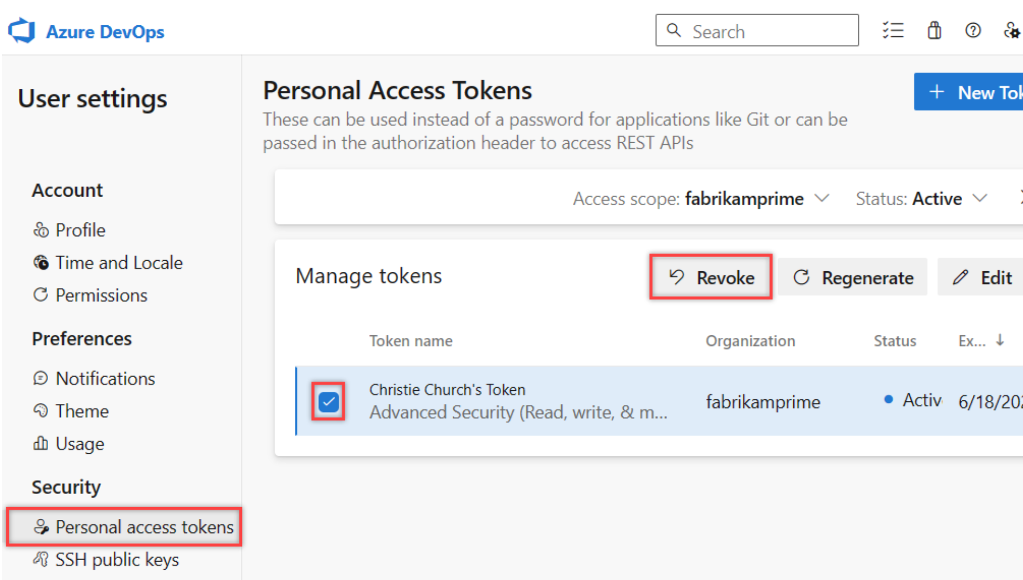 Captura de pantalla que muestra la opción Revocar para un token seleccionado en la página Tokens de acceso personal.