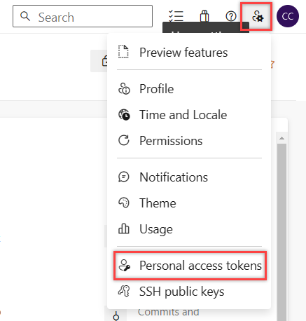 Captura de pantalla que muestra la opción Tokens de acceso personal en la configuración del usuario.