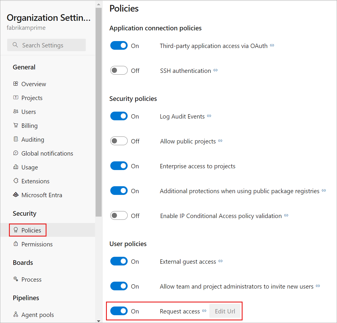 Deshabilitar la directiva solicitar acceso en la configuración de la organización