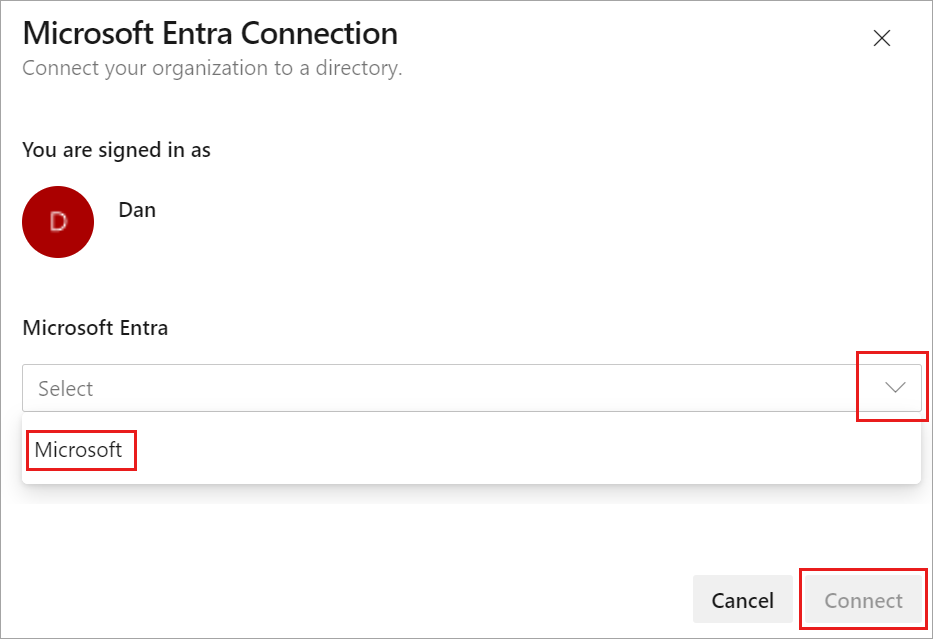 Captura de pantalla que muestra el menú desplegable De Microsoft Entra y, a continuación, el botón Conectar resaltado.