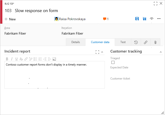 Formulario de elemento de trabajo de errores, página Personalizada