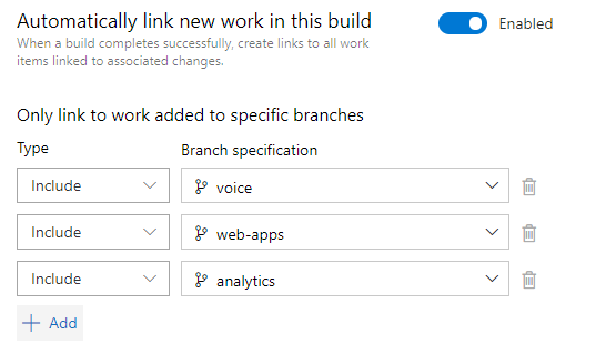 Captura de pantalla de la configuración de la propiedad Vincular automáticamente elementos de trabajo en esta compilación.