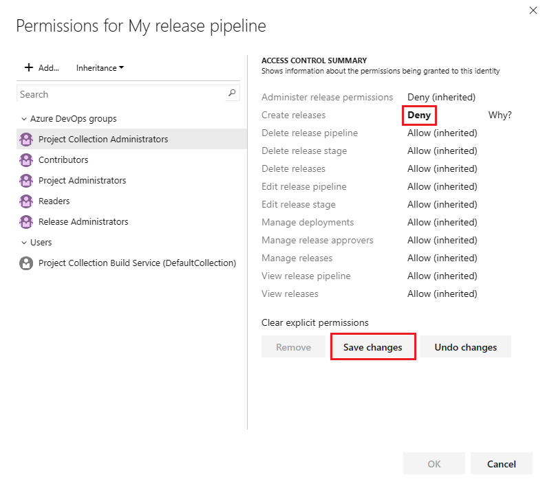 Captura de pantalla de la selección de agregar seguridad para un usuario o grupo para la canalización de versión.