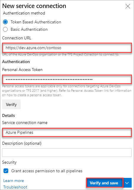 Creación de una conexión de servicio de Azure Pipelines.