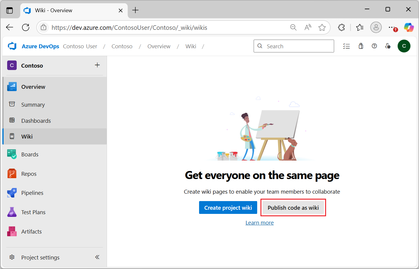 Captura de pantalla que muestra el botón resaltado Publicar código como wiki.