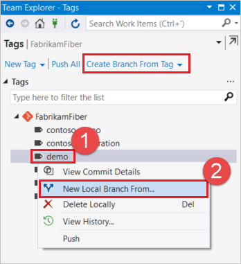 Captura de pantalla de la creación de una rama a partir de la selección de etiquetas en Visual Studio.