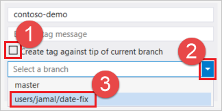 Captura de pantalla del cuadro de diálogo seleccionar una rama en Visual Studio.