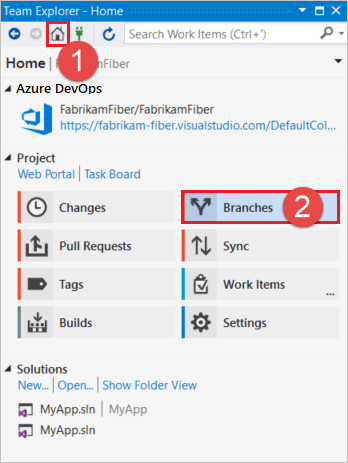 Captura de pantalla del panel de nueva rama en Visual Studio.