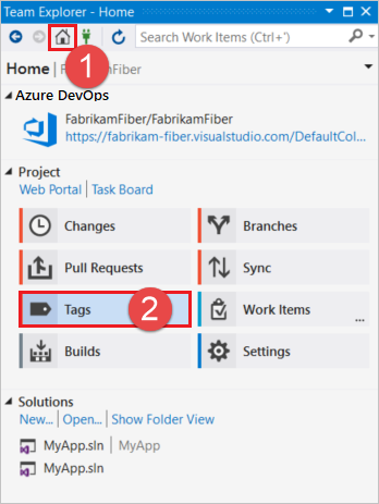 Captura de pantalla del botón Etiquetas de Visual Studio.