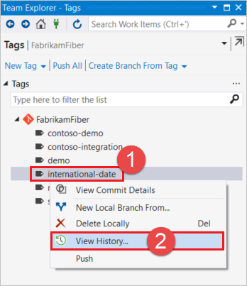 Captura de pantalla de la selección del historial de etiquetas en Visual Studio.