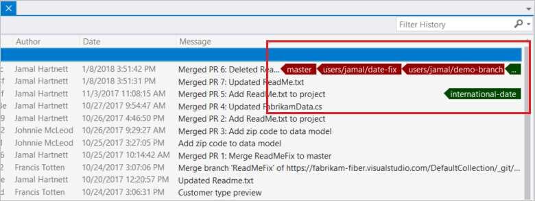 Captura de pantalla de las etiquetas de vista de Visual Studio en la vista Historial.