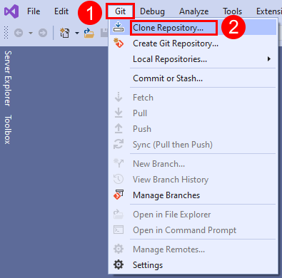 Captura de pantalla de la opción Clonar repositorio en el menú Git de Visual Studio