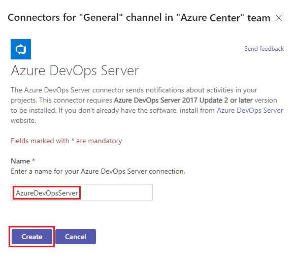 Captura de pantalla que muestra la creación de la conexión de Azure DevOps Server en Teams.