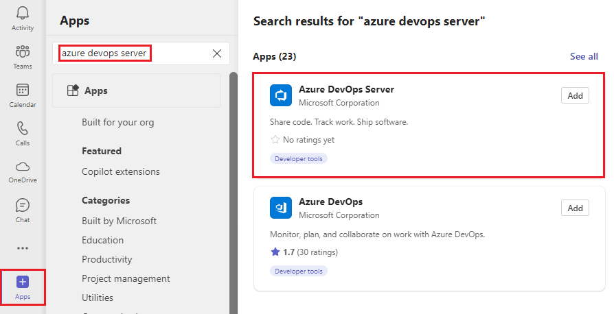 Captura de pantalla que muestra la búsqueda de Azure DevOps Server en Teams.