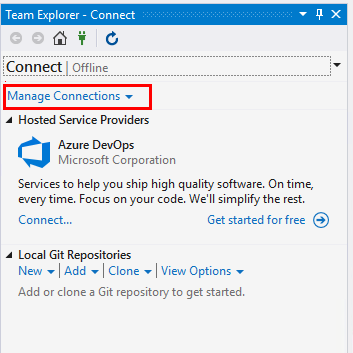 Captura de pantalla de Team Explorer, Opciones de Conexión.