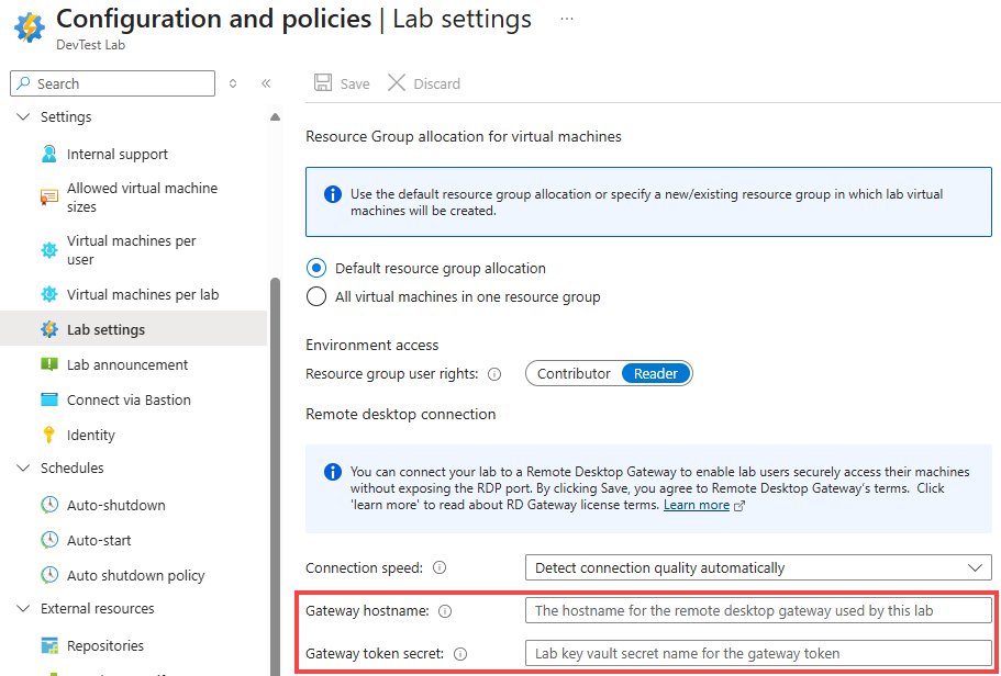 Captura de pantalla de opciones de Escritorio remoto en la configuración del laboratorio.
