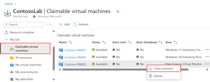 Captura de pantalla que muestra cómo seleccionar una VM reclamable.