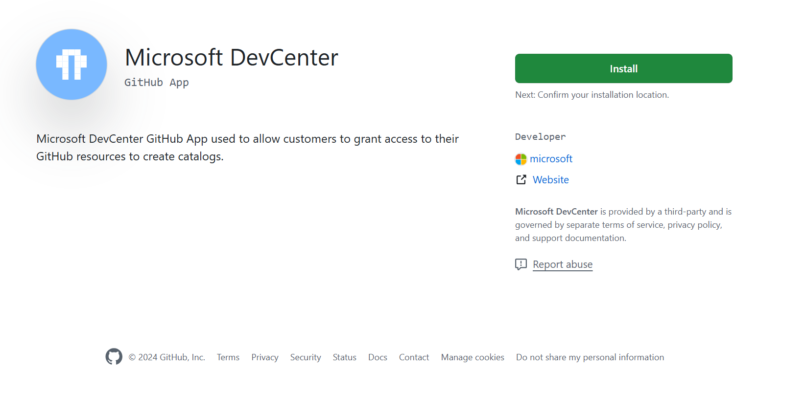 Captura de pantalla que muestra la página de instalación de la aplicación de GitHub del centro de desarrollo de Microsoft.