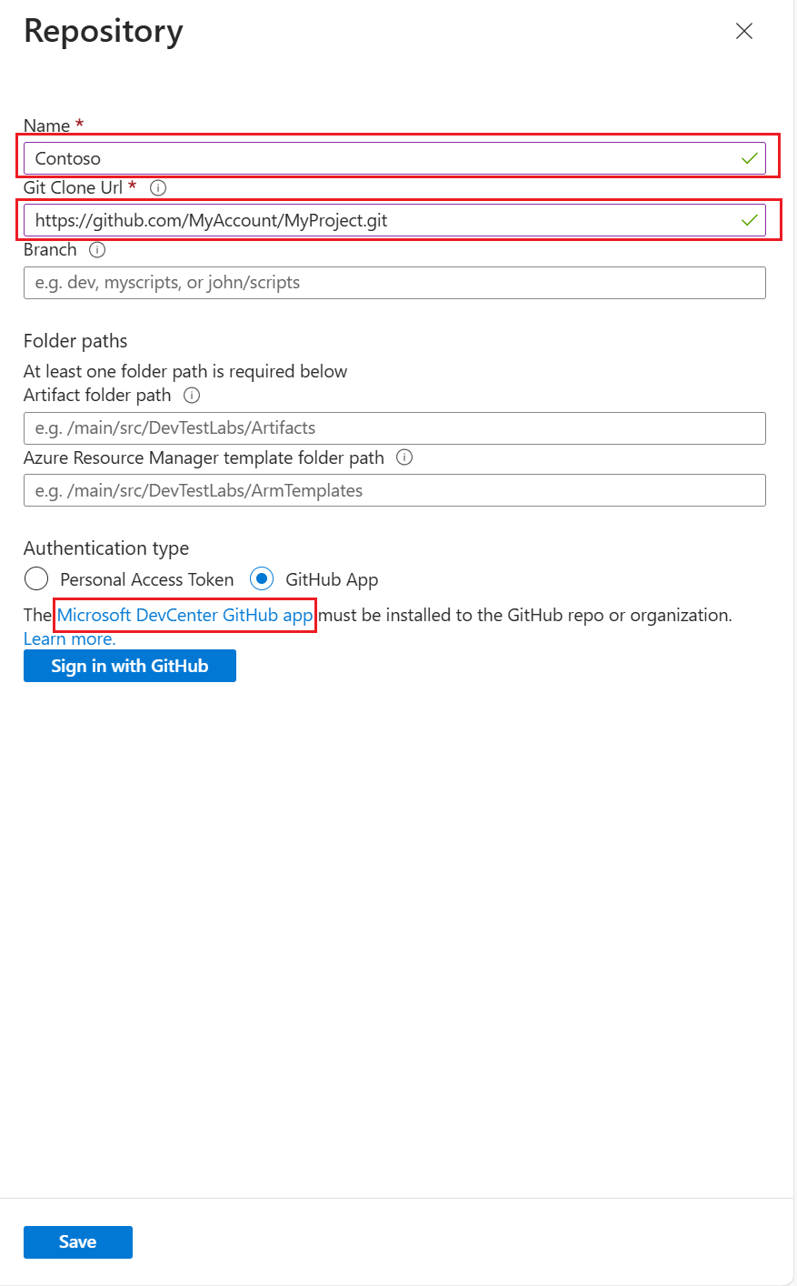 Captura de pantalla que muestra la opción de aplicación GitHub del centro de desarrollo de Microsoft en la página Agregar un repositorio, con entradas de ejemplo y vínculo de instalación resaltado.