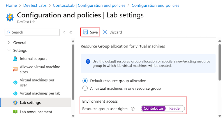 Captura de pantalla que muestra cómo establecer permisos del rol Colaborador para los usuarios del laboratorio en DevTest Labs.