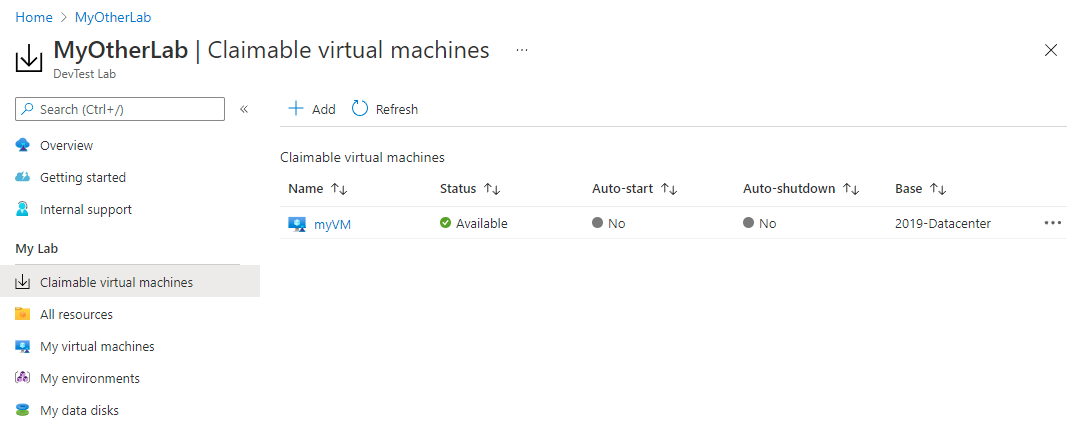 Captura de pantalla de la página de máquinas virtuales reclamables.