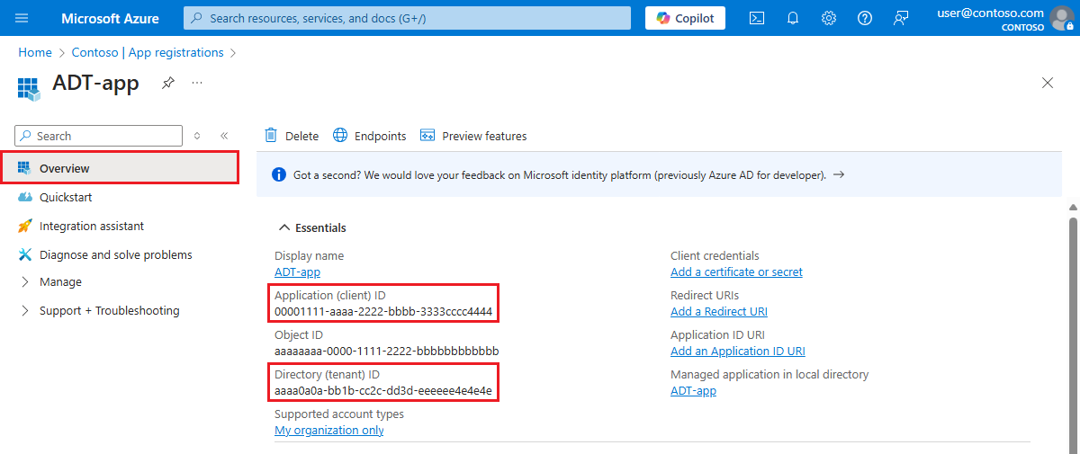 Captura de pantalla de Azure Portal en la que se muestran los valores importantes para el registro de la aplicación.