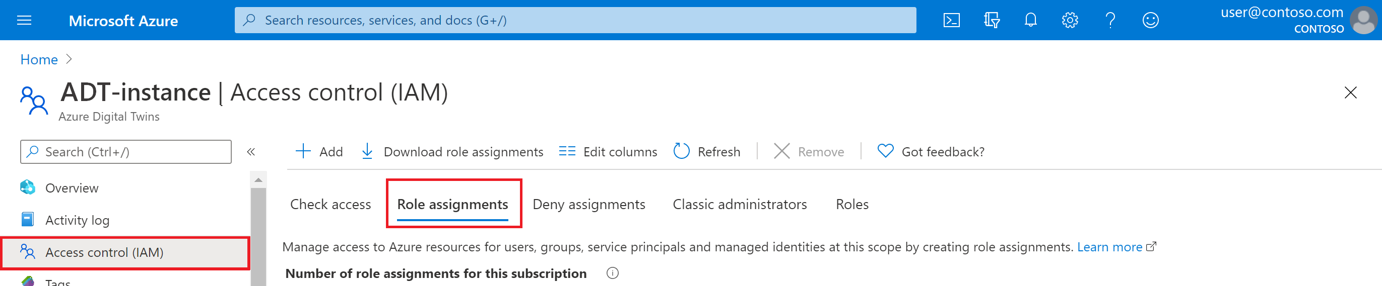 Captura de pantalla de la página Asignaciones de rol para una instancia de Azure Digital Twins en Azure Portal.