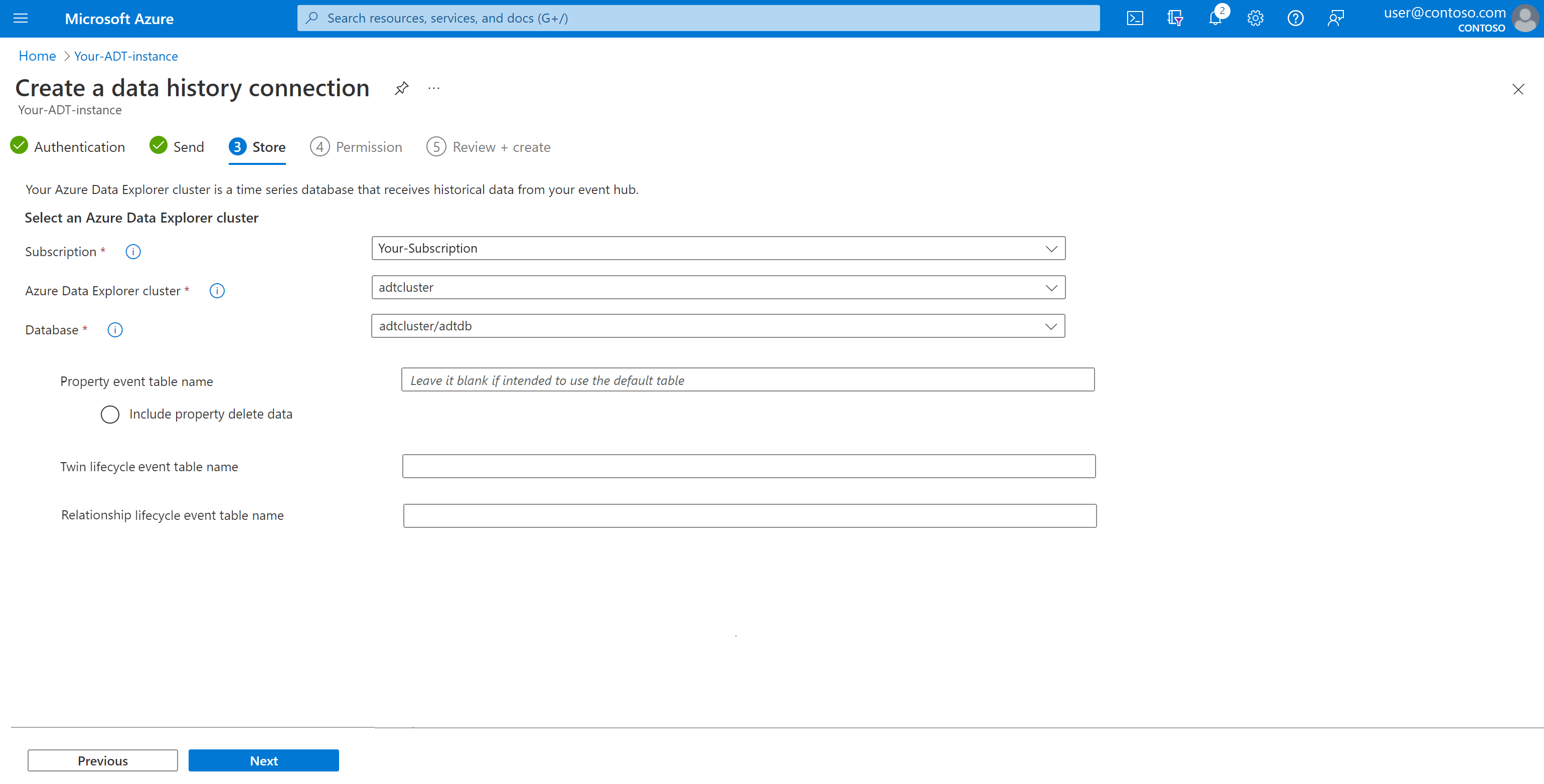 Screenshot of the Azure portal showing the Store step in the data history connection setup.